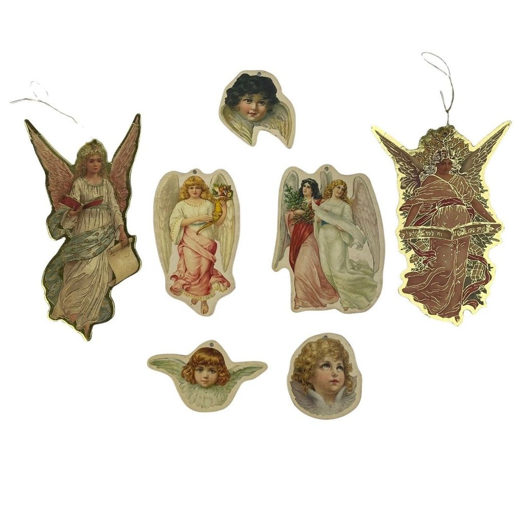 Lot Of 7 Vintage Merrimack 1986 Victorian Style Angel Ornaments Cardboard Cutout